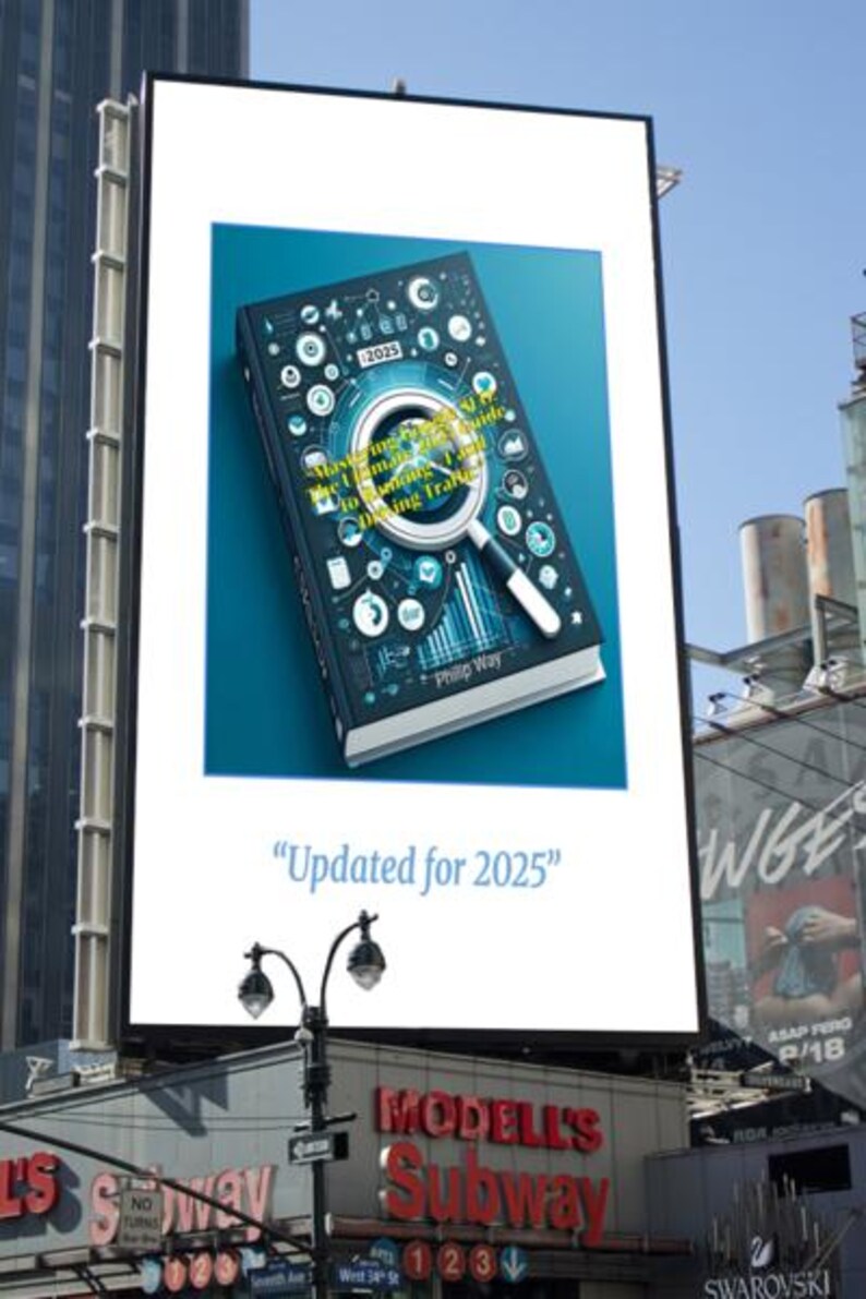 Puede incluir: Una valla publicitaria muestra la portada de un libro con una lupa sobre el t&iacute;tulo "Mastering the Ultimate Guide to Driving Traffic" y el texto "Updated for 2025". La portada es azul oscuro con gr&aacute;ficos blancos y azul claro.