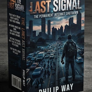 May include: A book titled The Last Signal by Philip Way. The cover features a person with a backpack standing on a ledge overlooking a city highway filled with cars and people. The text reads: They said it could never happen. They were wrong.