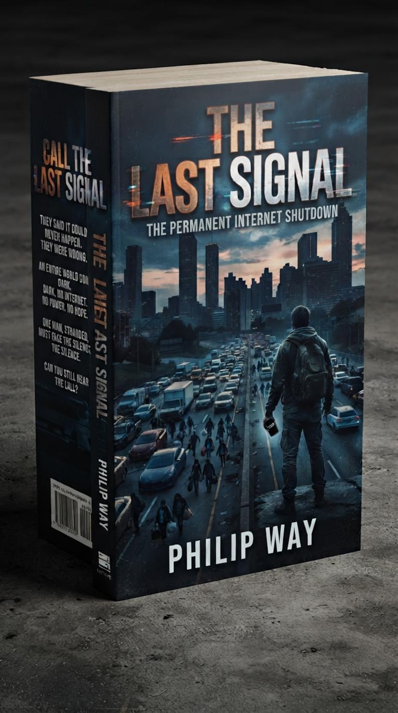 May include: A book titled The Last Signal by Philip Way. The cover features a person with a backpack standing on a ledge overlooking a city highway filled with cars and people. The text reads: They said it could never happen. They were wrong.