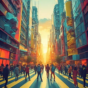 May include: An artistic depiction of a city street scene with numerous pedestrians. Tall buildings line the street, painted in vibrant colors. The street has yellow and blue stripes. The sun shines brightly in the distance, creating a warm, inviting atmosphere.