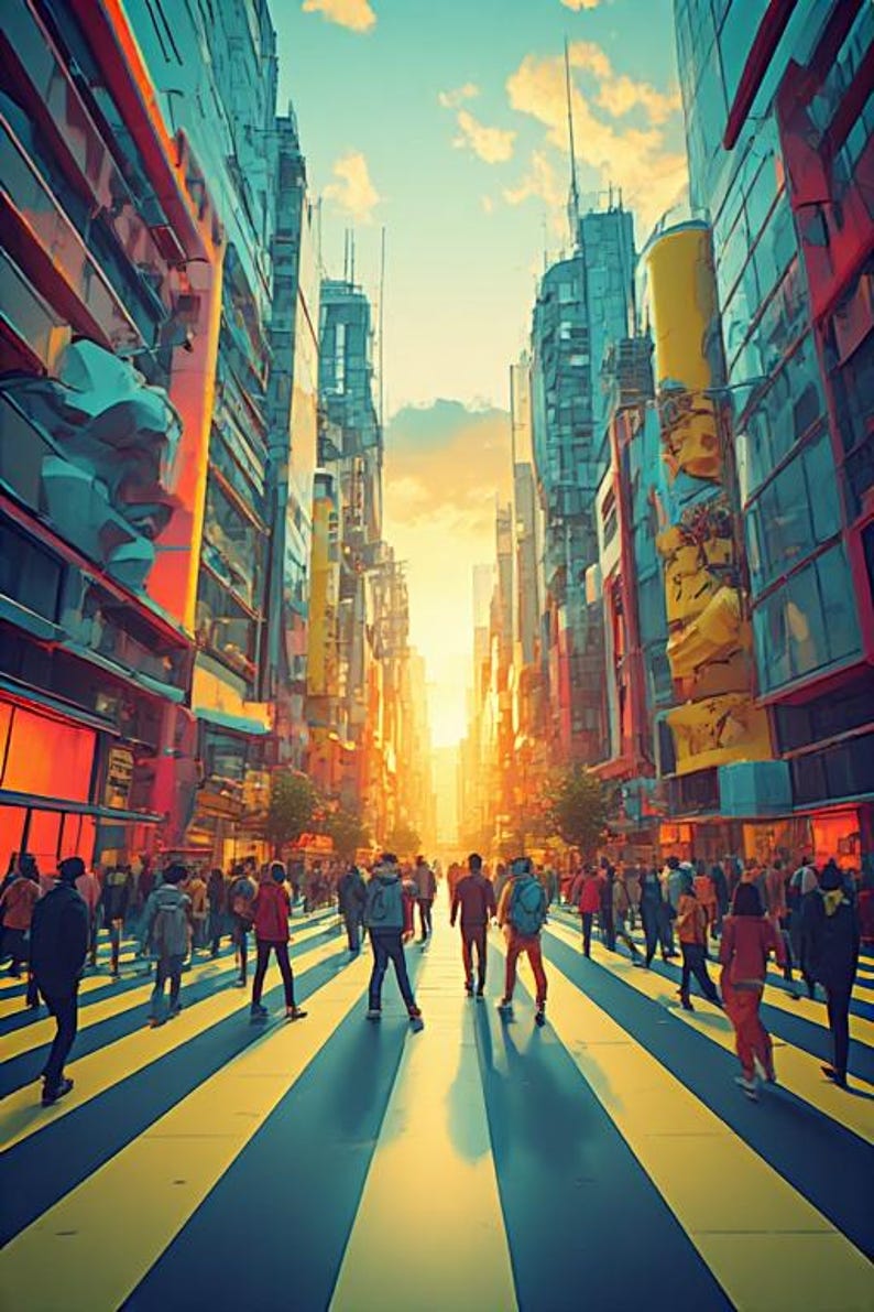May include: An artistic depiction of a city street scene with numerous pedestrians. Tall buildings line the street, painted in vibrant colors. The street has yellow and blue stripes. The sun shines brightly in the distance, creating a warm, inviting atmosphere.