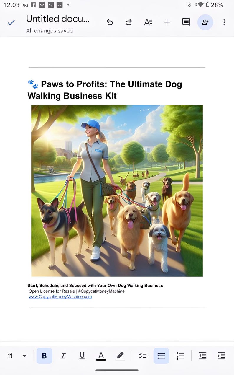 May include: An illustration of a woman walking a group of dogs on leashes in a park. The image includes the text "Paws to Profits: The Ultimate Dog Walking Business Kit" and "Start, Schedule, and Succeed with Your Own Dog Walking Business".