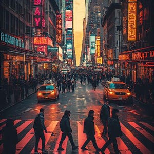 May include: A vibrant street scene in New York City, with neon signs and yellow taxis. Pedestrians cross a crosswalk, while towering buildings line the street. The image captures the energy of a bustling urban environment.