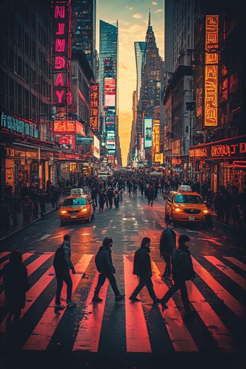 May include: A vibrant street scene in New York City, with neon signs and yellow taxis. Pedestrians cross a crosswalk, while towering buildings line the street. The image captures the energy of a bustling urban environment.