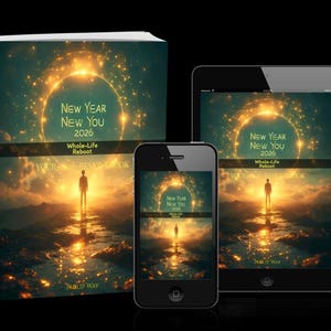 Może przedstawiać: Książka, smartfon i tablet wyświetlają okładkę książki "New Year New You 2026: Whole-Life Reboot". Okładka przedstawia osobę na ścieżce prowadzącej do świecącego portalu. Tło to krajobraz ze wschodem słońca.