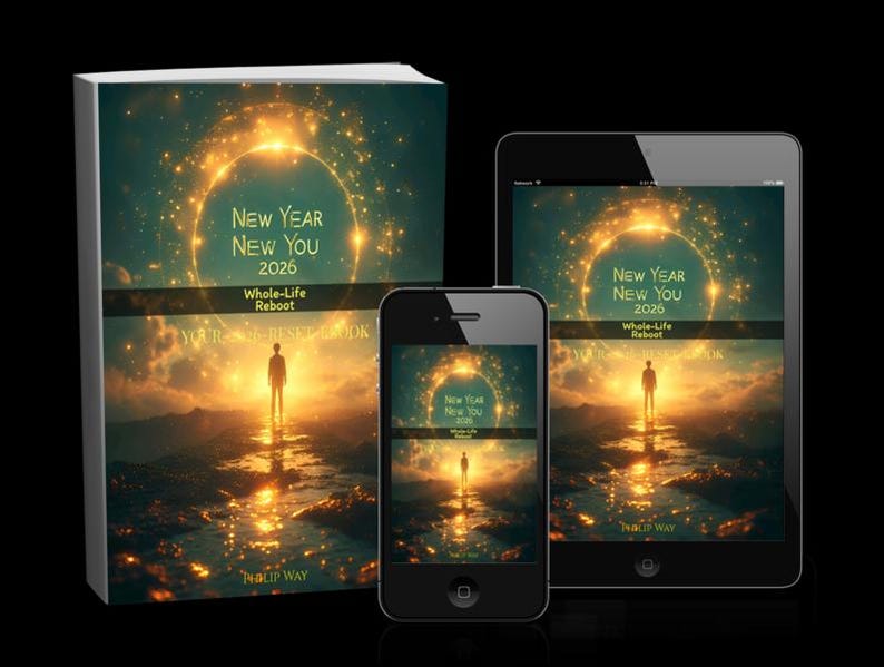 Może przedstawiać: Książka, smartfon i tablet wyświetlają okładkę książki "New Year New You 2026: Whole-Life Reboot". Okładka przedstawia osobę na ścieżce prowadzącej do świecącego portalu. Tło to krajobraz ze wschodem słońca.