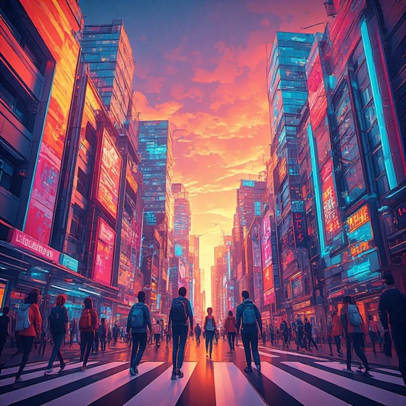 May include: An artistic illustration of a city street scene at sunset. Tall buildings line the street, with pedestrians crossing a crosswalk. The sky is a vibrant mix of orange, pink, and purple hues, with neon signs and lights.