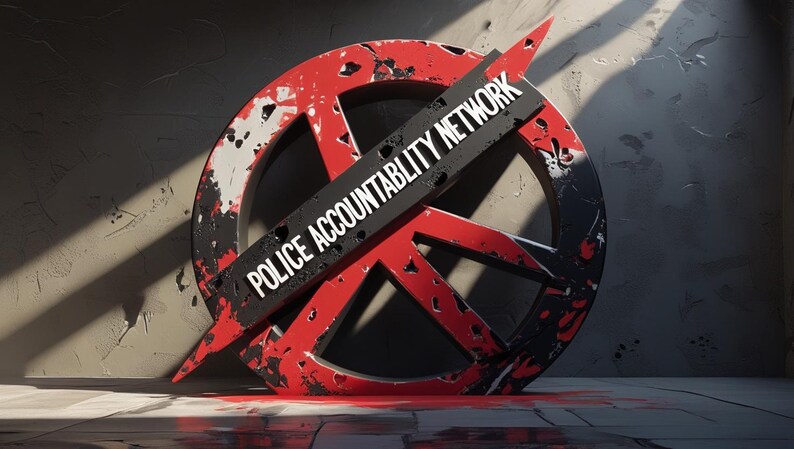 Pu&ograve; includere: Immagine grafica di un simbolo di pace rosso e nero con un banner nero diagonale con il testo bianco "POLICE ACCOUNTABILITY NETWORK". Il simbolo &egrave; posto su uno sfondo grigio strutturato con schizzi rossi, suggerendo un tema di protesta.