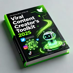 May include: A book titled "Viral Content Creator's Toolkit 2025" with a black cover and neon green accents. The cover features a robot illustration, social media icons, and the text "Ultra-detailed 8K/7D Ultra HD".