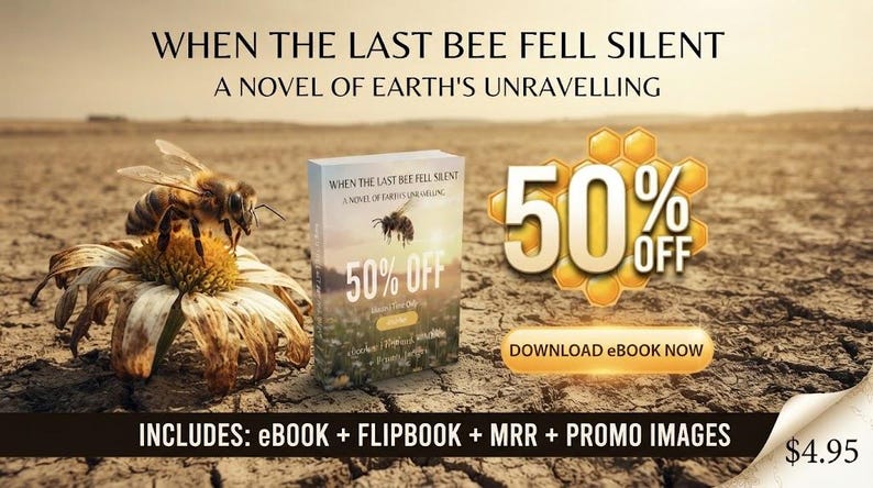 Może przedstawiać: Książka zatytułowana When the Last Bee Fell Silent: A Novel of Earth's Unravelling, przedstawiająca pszczołę na kwiatku, z tekstem 50% off, download ebook now, oraz includes: ebook + flipbook + mrr + promo images, na tle suchego krajobrazu.