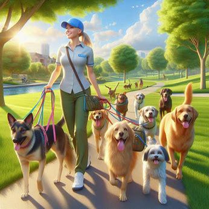 May include: A woman in a blue cap and green pants walks a group of dogs on a paved path. The dogs, of various breeds and colors, are on leashes. The scene is set in a park with trees and a sunny sky.