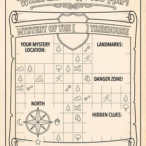 Puede incluir: Una hoja de actividades imprimible titulada Draw Your Own Whispering Woods Map con una cuadr&iacute;cula, una rosa de los vientos e iconos de &aacute;rboles, rocas, llaves y r&iacute;os. La p&aacute;gina incluye secciones para puntos de referencia y pistas.