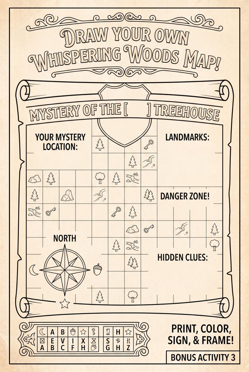 Puede incluir: Una hoja de actividades imprimible titulada Draw Your Own Whispering Woods Map con una cuadr&iacute;cula, una rosa de los vientos e iconos de &aacute;rboles, rocas, llaves y r&iacute;os. La p&aacute;gina incluye secciones para puntos de referencia y pistas.