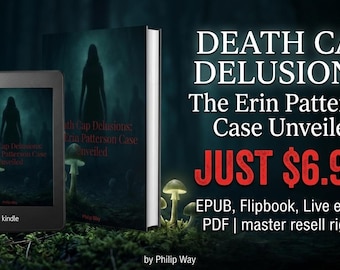 Może przedstawiać: Cyfrowy czytnik e-booków i fizyczna książka pod tytułem Death Cap Delusions: The Erin Patterson Case Unveiled autorstwa Philipa Waya. Okładka przedstawia ciemny las ze świecącymi grzybami i sylwetką. Tekst zawiera EPUB, Flipbook, Live eBook, PDF oraz master resell rights.