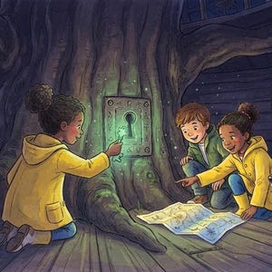 Puede incluir: Una ilustraci&oacute;n digital de dos ni&ntilde;os con impermeables amarillos y un ni&ntilde;o con chaqueta verde explorando una casa del &aacute;rbol. Un ni&ntilde;o sostiene una llave verde brillante ante una cerradura en el tronco, mientras los otros miran un mapa con un perro.