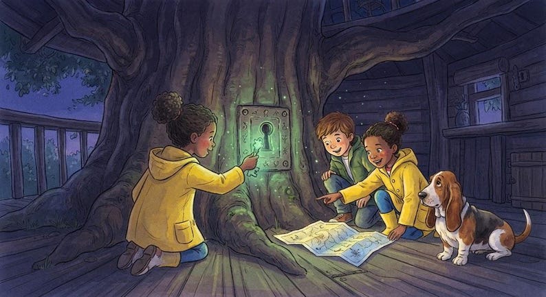 Puede incluir: Una ilustraci&oacute;n digital de dos ni&ntilde;os con impermeables amarillos y un ni&ntilde;o con chaqueta verde explorando una casa del &aacute;rbol. Un ni&ntilde;o sostiene una llave verde brillante ante una cerradura en el tronco, mientras los otros miran un mapa con un perro.