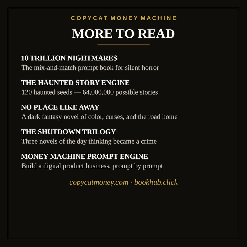 K&ouml;nnte beinhalten: Eine schwarze Infografik mit dem Titel COPYCAT MONEY MACHINE MORE TO READ. Sie listet f&uuml;nf Titel auf: 10 TRILLION NIGHTMARES, THE HAUNTED STORY ENGINE, NO PLACE LIKE AWAY, THE SHUTDOWN TRILOGY und MONEY MACHINE PROMPT ENGINE mit Beschreibungen.