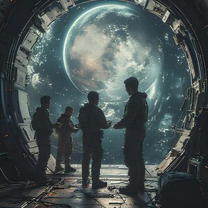 Op de afbeelding: Een futuristisch interieur met vier figuren in militaire uniformen voor een groot portaal. Het portaal onthult een planeet en een sterrenhemel. Het interieur heeft een metalen, industrieel ontwerp met ingewikkelde bedrading.