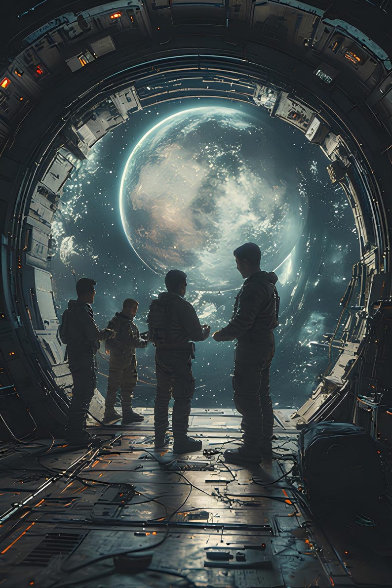 Op de afbeelding: Een futuristisch interieur met vier figuren in militaire uniformen voor een groot portaal. Het portaal onthult een planeet en een sterrenhemel. Het interieur heeft een metalen, industrieel ontwerp met ingewikkelde bedrading.