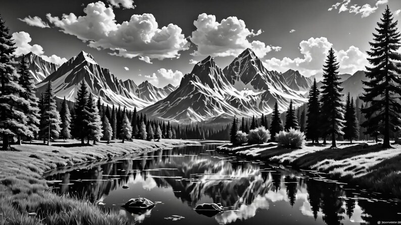 May include: A black and white photograph of a mountain range reflected in a still lake. The mountains are snow-capped and the sky is cloudy. There are trees lining the shore of the lake.