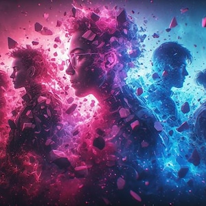 May include: Digital art featuring five silhouetted figures in profile, rendered in a vibrant mix of pink and blue hues. The figures appear to be breaking apart, with fragments floating around them, creating a dynamic and ethereal effect.