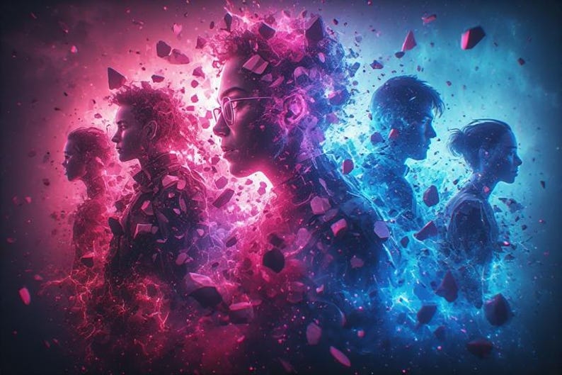 May include: Digital art featuring five silhouetted figures in profile, rendered in a vibrant mix of pink and blue hues. The figures appear to be breaking apart, with fragments floating around them, creating a dynamic and ethereal effect.