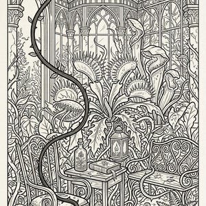 May include: A black and white line art illustration depicting a greenhouse interior filled with various carnivorous plants, including Venus flytraps and pitcher plants. The scene features a small table with a book, a bottle, and a lantern.