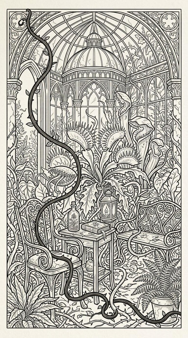 May include: A black and white line art illustration depicting a greenhouse interior filled with various carnivorous plants, including Venus flytraps and pitcher plants. The scene features a small table with a book, a bottle, and a lantern.
