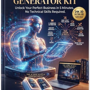 Op de afbeelding: Een boek getiteld The AI Side Hustle Generator Kit met een gloeiende digitale humano&iuml;de figuur die uit een apparaat komt, een laptop met de boekomslag, een open boek met iconen en een diagram van bedrijfsmodellen op een donkere achtergrond.