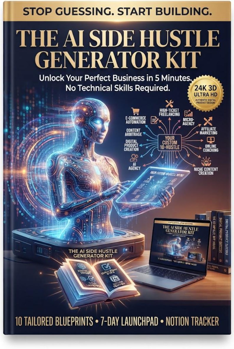 Op de afbeelding: Een boek getiteld The AI Side Hustle Generator Kit met een gloeiende digitale humano&iuml;de figuur die uit een apparaat komt, een laptop met de boekomslag, een open boek met iconen en een diagram van bedrijfsmodellen op een donkere achtergrond.