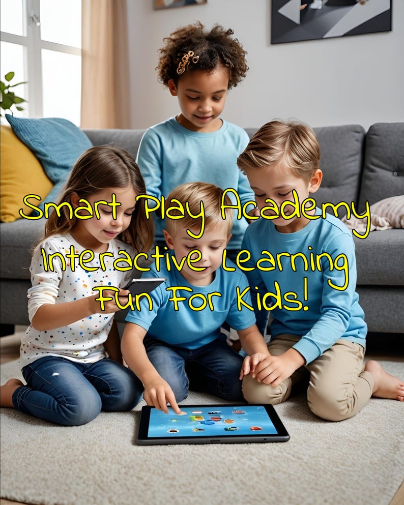 Op de afbeelding: Vier kinderen zitten op de vloer en kijken naar een tablet. De tablet toont een kleurrijke app met verschillende pictogrammen. De tekst op het scherm luidt "Smart Play Academy Interactief leren Plezier voor kinderen!"