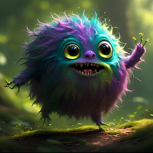 Op de afbeelding: Een grillig, harig wezen met een rond lichaam en grote, expressieve ogen. Het wezen heeft een mix van paarse, blauwgroene en groene tinten, met een vriendelijke grijns en kleine armen. Het bevindt zich in een weelderige, groene bosrijke omgeving.