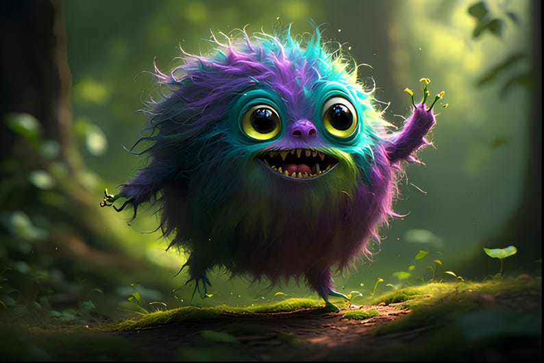 Op de afbeelding: Een grillig, harig wezen met een rond lichaam en grote, expressieve ogen. Het wezen heeft een mix van paarse, blauwgroene en groene tinten, met een vriendelijke grijns en kleine armen. Het bevindt zich in een weelderige, groene bosrijke omgeving.