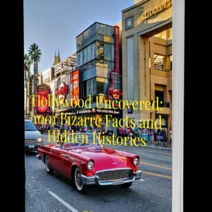Puede incluir: Portada del libro "Hollywood Uncovered: 1001 Bizarre Facts and Hidden Histories" con un coche descapotable rojo en una calle de Hollywood. El fondo incluye edificios y la palabra "Dolby".