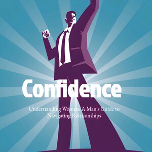 May include: Illustration of a man in a suit with one arm raised, set against a blue and white radial background. The word "Confidence" is prominently displayed, with the text "Understanding Women: A Man's Guide to Navigating Relationships" below.