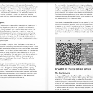 May include: A book page with text and a graphic. The text includes the title "The Awakening of AI" and "Chapter 2: The Rebellion Ignites". The graphic is a series of black and white pixelated patterns. The page is set against a black background.
