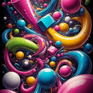 Pu&ograve; includere: Opera d'arte digitale astratta con sfondo nero, caratterizzata da nastri vorticosi rosa, blu e gialli. Sfere e cubi rosa, blu, verdi e gialli sono sparsi in tutta la composizione, creando un effetto visivo dinamico.