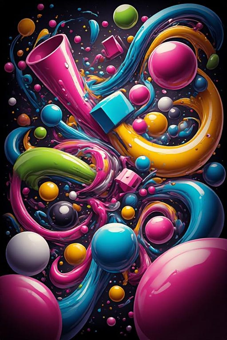 Pu&ograve; includere: Opera d'arte digitale astratta con sfondo nero, caratterizzata da nastri vorticosi rosa, blu e gialli. Sfere e cubi rosa, blu, verdi e gialli sono sparsi in tutta la composizione, creando un effetto visivo dinamico.