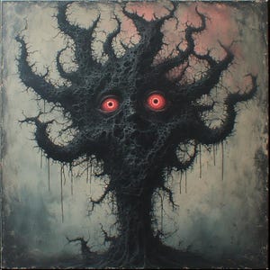 May include: A dark, surreal painting of a tree-like figure with glowing red eyes. The figure is composed of intricate, black, branch-like structures against a muted, gray background. The artwork evokes a sense of mystery and the macabre.
