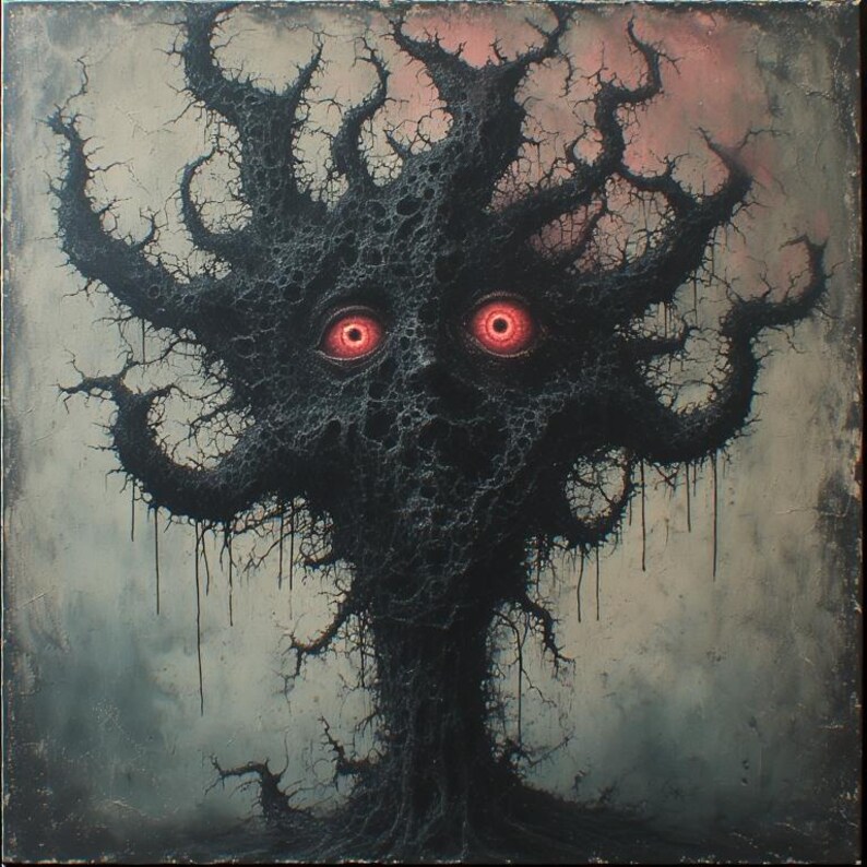 May include: A dark, surreal painting of a tree-like figure with glowing red eyes. The figure is composed of intricate, black, branch-like structures against a muted, gray background. The artwork evokes a sense of mystery and the macabre.