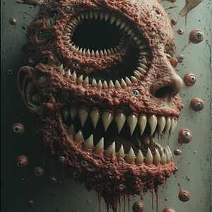 Puede incluir: Un rostro grotesco y texturizado, de color marr&oacute;n rojizo, con m&uacute;ltiples ojos y dientes afilados. La imagen presenta un dise&ntilde;o surrealista y de pesadilla con globos oculares flotantes y una apariencia en descomposici&oacute;n, evocando el horror y lo macabro.