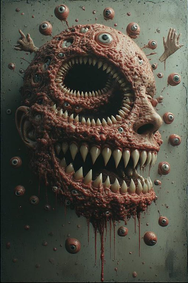 Puede incluir: Un rostro grotesco y texturizado, de color marr&oacute;n rojizo, con m&uacute;ltiples ojos y dientes afilados. La imagen presenta un dise&ntilde;o surrealista y de pesadilla con globos oculares flotantes y una apariencia en descomposici&oacute;n, evocando el horror y lo macabro.