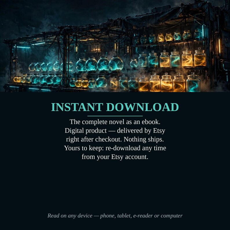 K&ouml;nnte beinhalten: Ein digitales Produktangebot mit einer dunklen, atmosph&auml;rischen Szene von leuchtenden, blau und bernsteinfarben gef&uuml;llten Glasgef&auml;&szlig;en in Regalen. Text: INSTANT DOWNLOAD. Der komplette Roman als E-Book. Digitales Produkt von Etsy.