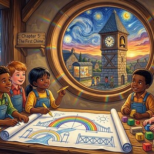 Puede incluir: Un grupo de ni&ntilde;os con petos vaqueros se sienta a una mesa de madera dibujando en un plano grande con un dise&ntilde;o de arco&iacute;ris. Una ventana circular muestra una torre de reloj de piedra bajo un cielo estrellado. Un letrero en la pared dice Chapter 5: The First Chime.