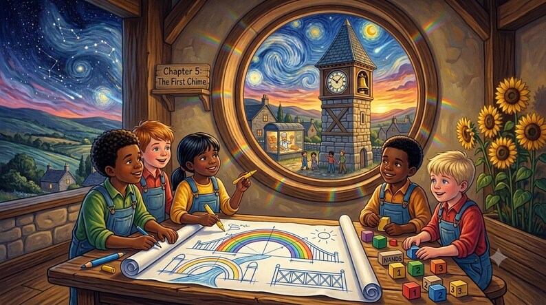 Puede incluir: Un grupo de ni&ntilde;os con petos vaqueros se sienta a una mesa de madera dibujando en un plano grande con un dise&ntilde;o de arco&iacute;ris. Una ventana circular muestra una torre de reloj de piedra bajo un cielo estrellado. Un letrero en la pared dice Chapter 5: The First Chime.