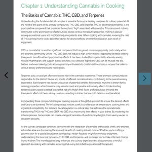May include: A book page with the title "Green Gourmet: Crafting Culinary Delights with Cannabis." The text discusses the basics of cannabis, including THC, CBD, and terpenes, and their effects in cooking. The page is white with black text.