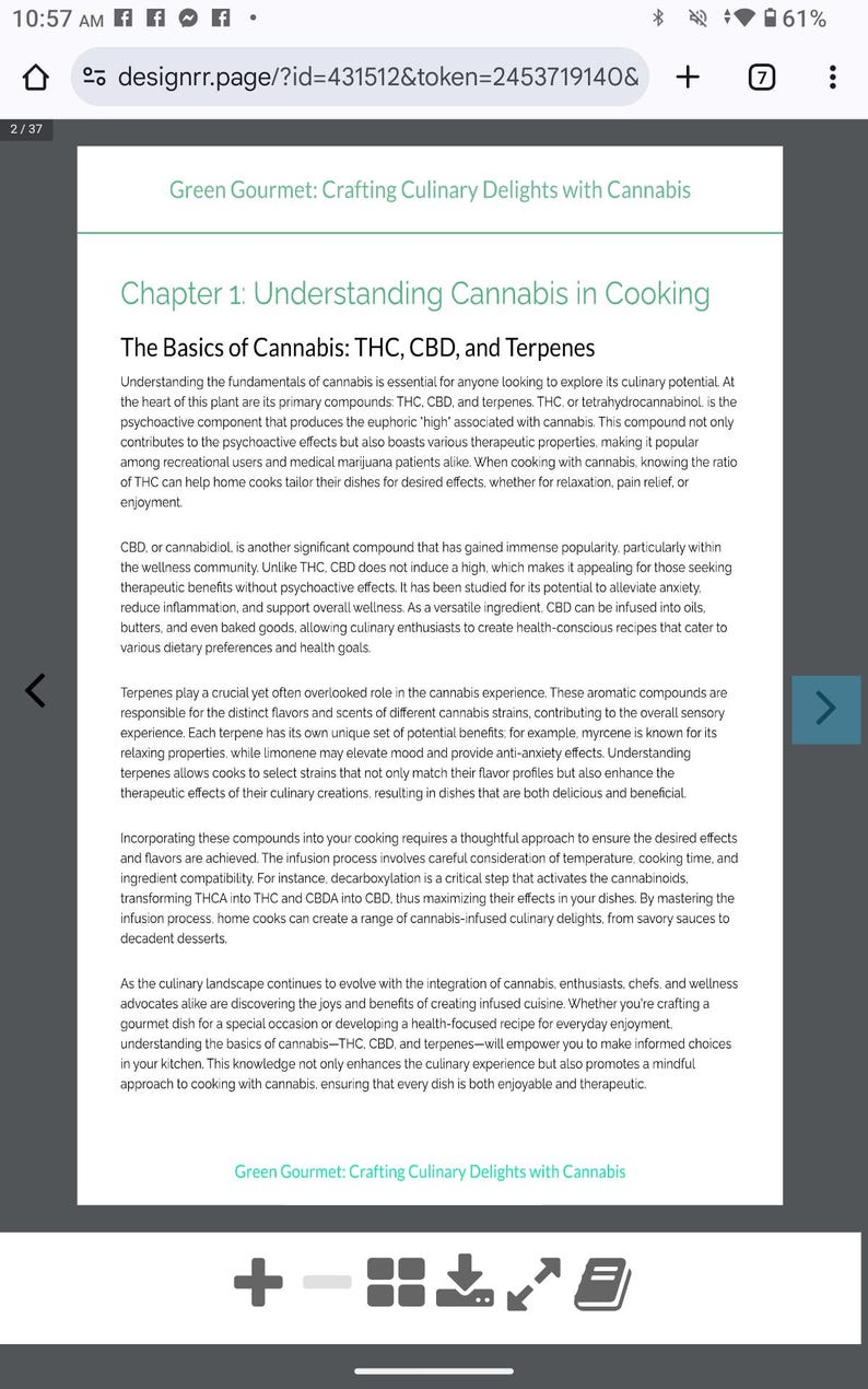 May include: A book page with the title "Green Gourmet: Crafting Culinary Delights with Cannabis." The text discusses the basics of cannabis, including THC, CBD, and terpenes, and their effects in cooking. The page is white with black text.