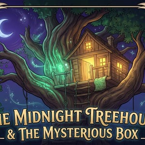 Puede incluir: Una ilustraci&oacute;n digital de una casa del &aacute;rbol de madera en un &aacute;rbol grande por la noche, con una luz verde brillante, una escalera de cuerda y una luz amarilla c&aacute;lida desde la puerta abierta. El texto dice: The Midnight Treehouse & The Mysterious Box.