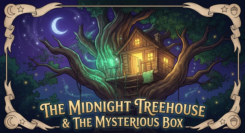 Puede incluir: Una ilustraci&oacute;n digital de una casa del &aacute;rbol de madera en un &aacute;rbol grande por la noche, con una luz verde brillante, una escalera de cuerda y una luz amarilla c&aacute;lida desde la puerta abierta. El texto dice: The Midnight Treehouse & The Mysterious Box.