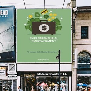 May include: A large billboard displaying the words "ENTREPRENEURIAL EMPOWERMENT" and a graphic of a briefcase, money, and coins. The billboard is above a shop with the sign "Made in Downtown LA". People are walking on the pavement.